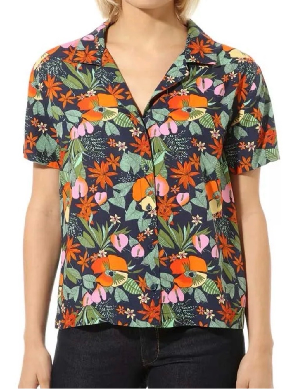 Vans Ka Lanii Tropical Floral Short Sleeve Woven Button Down Shirt Crop Size S